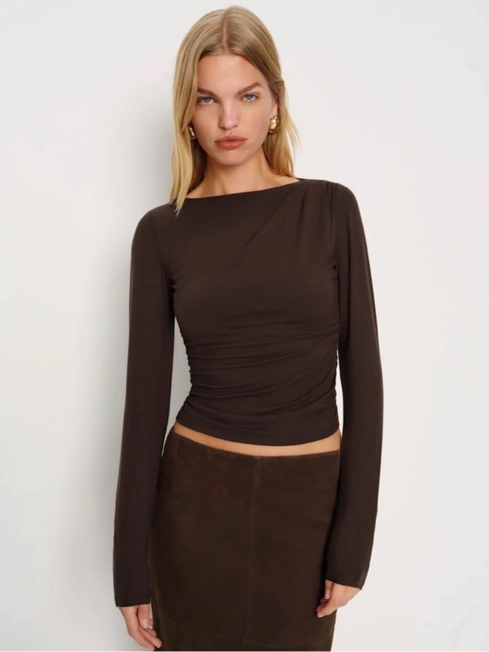 Reformation Chocolate Brown Long-Sleeve Ruched Tee